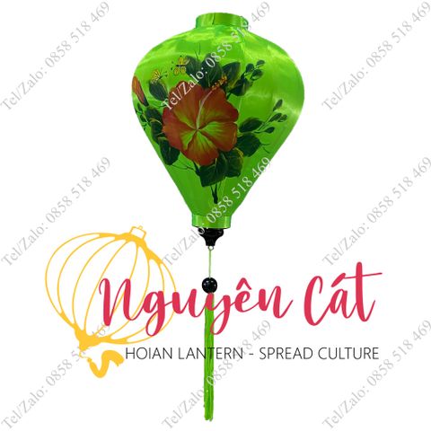  Đèn lồng Hội An khung tre vải phi vẽ tay hoa râm bụt (Trong nhà/ Ngoài trời) 