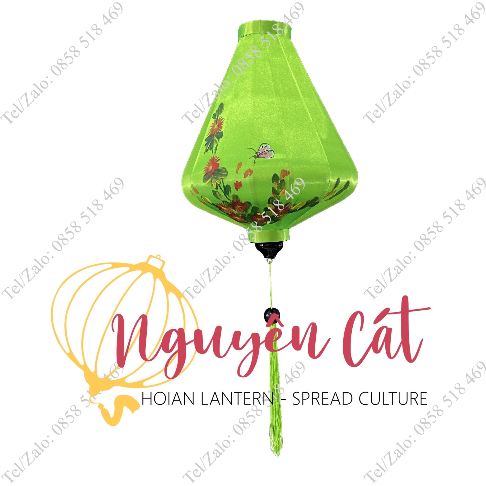 Đèn lồng Hội An khung tre vải phi vẽ tay hoa cúc (Trong nhà/ Ngoài trời)