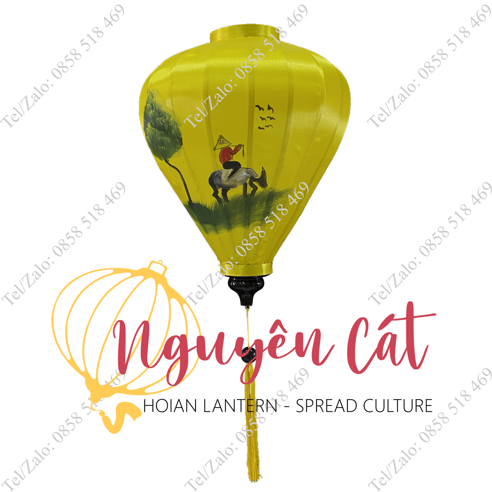 Đèn lồng Hội An khung tre vải phi vẽ tay em bé chăn trâu (Trong nhà/ Ngoài trời)