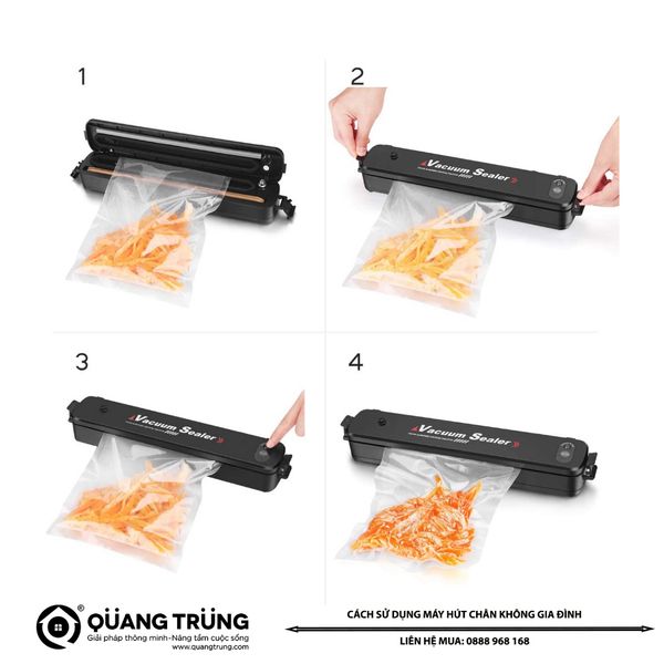 Máy hút chân không bảo quản thực phẩm - QuangTrung Vacuum Sealer mini cao cấp tự hàn miệng tiện dụng tặng kèm 10 túi