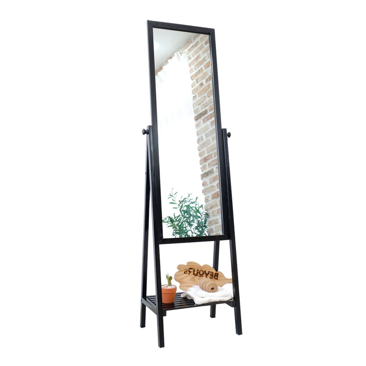 Gương Đứng Soi Toàn Thân Trang Điểm Khung Gỗ Phối Kệ Shelf Mirror Black