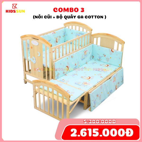 Nôi Cũi Đa Năng 6 in 1 KIDSSUN(Cũi+Bộ Quây Ga Cotton 100%) - Màu Tự Nhiên