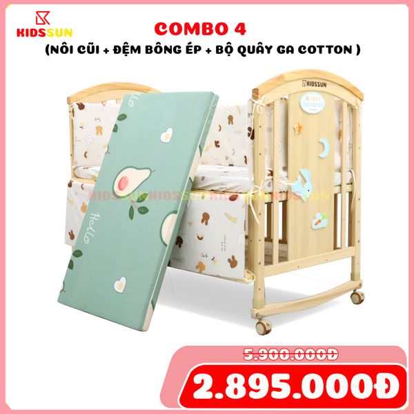 Nôi Cũi Đa Năng 6 in 1 KIDSSUN (Cũi+Đệm Bông Ép + Bộ Quây Ga Cotton 100%) - Màu Tự Nhiên