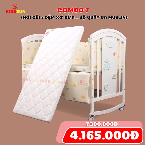 Nôi Cũi Đa Năng 6 in 1 KIDSSUN (Cũi + Đệm Xơ Dừa + Bộ Quây Ga MusLin) - Màu Trắng