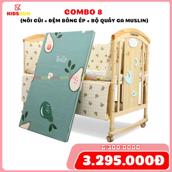 Nôi Cũi Đa Năng 6 in 1 KIDSSUN (Cũi+Đệm Bông Ép+Bộ Quây Ga Muslin) - Màu Tự Nhiên