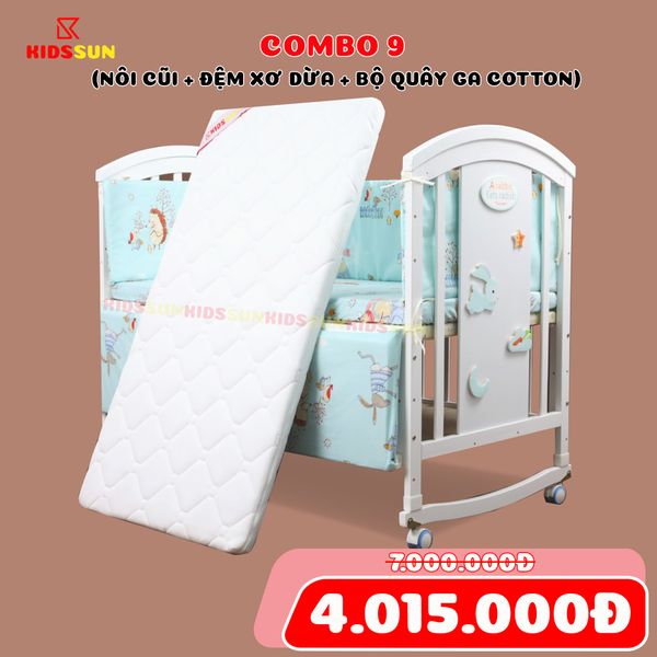 Nôi Cũi Đa Năng 6 in 1 KIDSSUN (Cũi + Đệm Xơ Dừa + Bộ Quây Ga Cotton 100%) - Màu Trắng