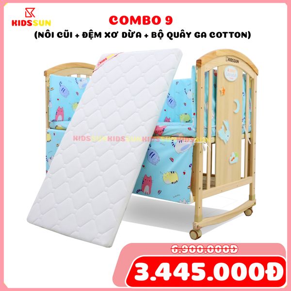 Nôi Cũi Đa Năng 6 in 1 KIDSSUN (Cũi + Đệm Xơ Dừa + Bộ Quây Ga Cotton 100%) - Màu Tự Nhiên