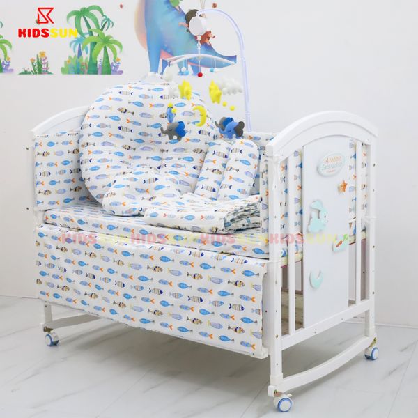 Nôi Cũi Đa Năng 6 in 1 KIDSSUN - Combo Trọn Bộ Đầy Đủ Cotton(Tặng Bộ Treo Đồ Chơi Cho Bé) - Màu Trắng