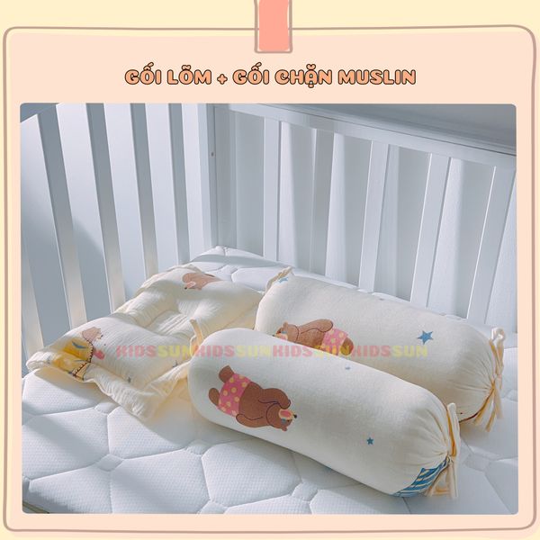 Gối Chống Lõm Đầu + Gối Chặn Cho Bé KIDSSUN -  Vải Muslin Organic Cao Cấp