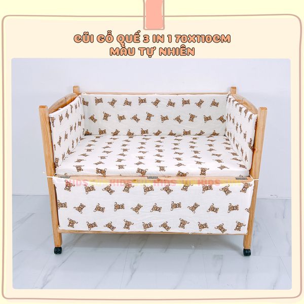 Giường Cũi Gỗ Quế 3 in 1 KT 70x110x86cm KIDSSUN - Màu Tự Nhiên