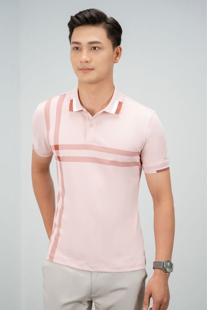  Áo Polo Hồng Hoạ Tiết Kẻ Chống Nhăn, Kháng Khuẩn 7APCH043HOG 