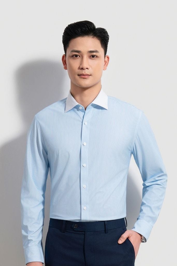  Áo Sơ Mi Xanh Dài Tay Hoạ Tiết Kẻ Sọc Bền Màu, Dễ Làm Sạch 7SMDT330XAH 