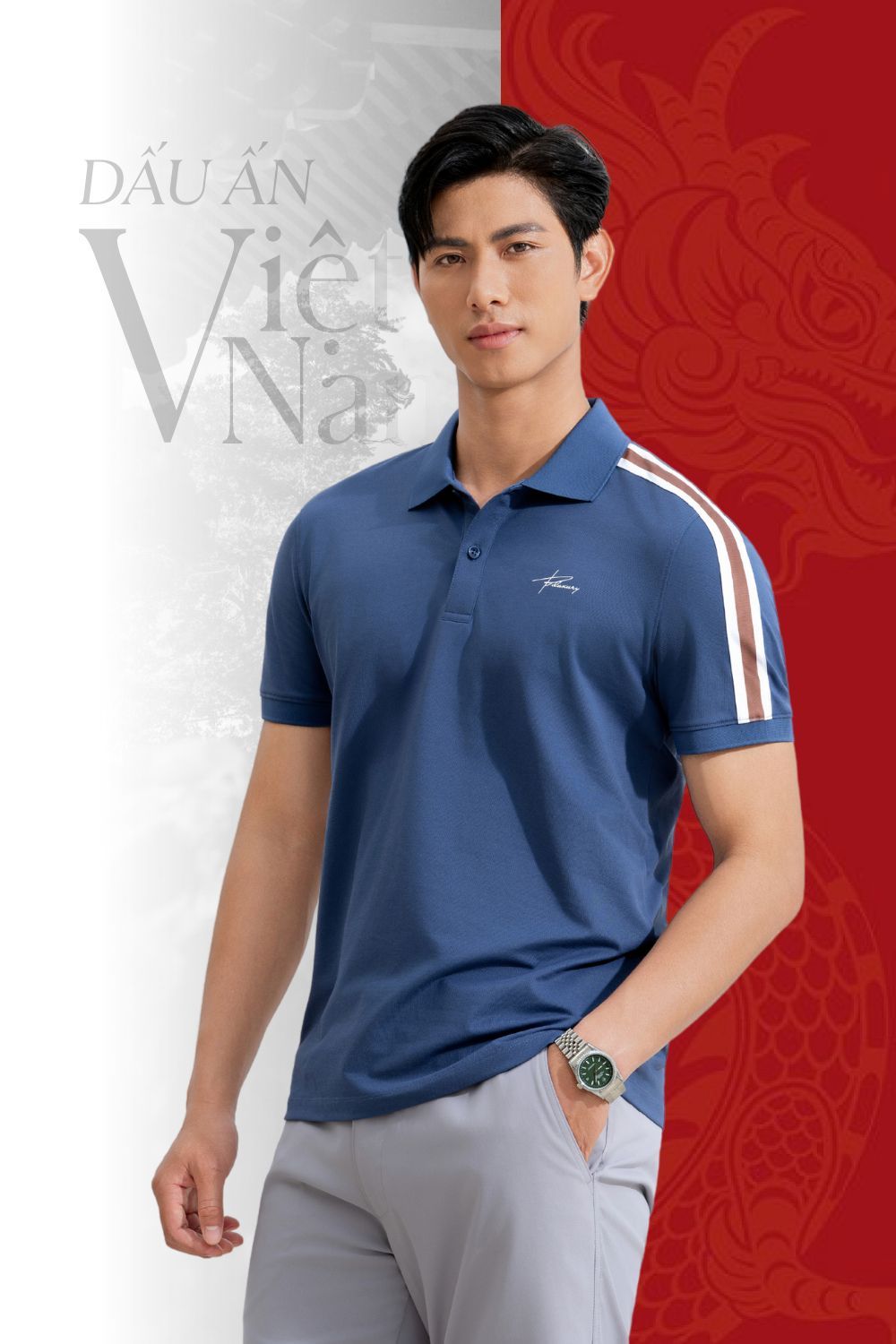  [SALE ĐỒNG GIÁ 199K] Áo Polo Xanh Recycle Hoạ Tiết Sọc Thân Thiện Với Da 8APCT477TTS 