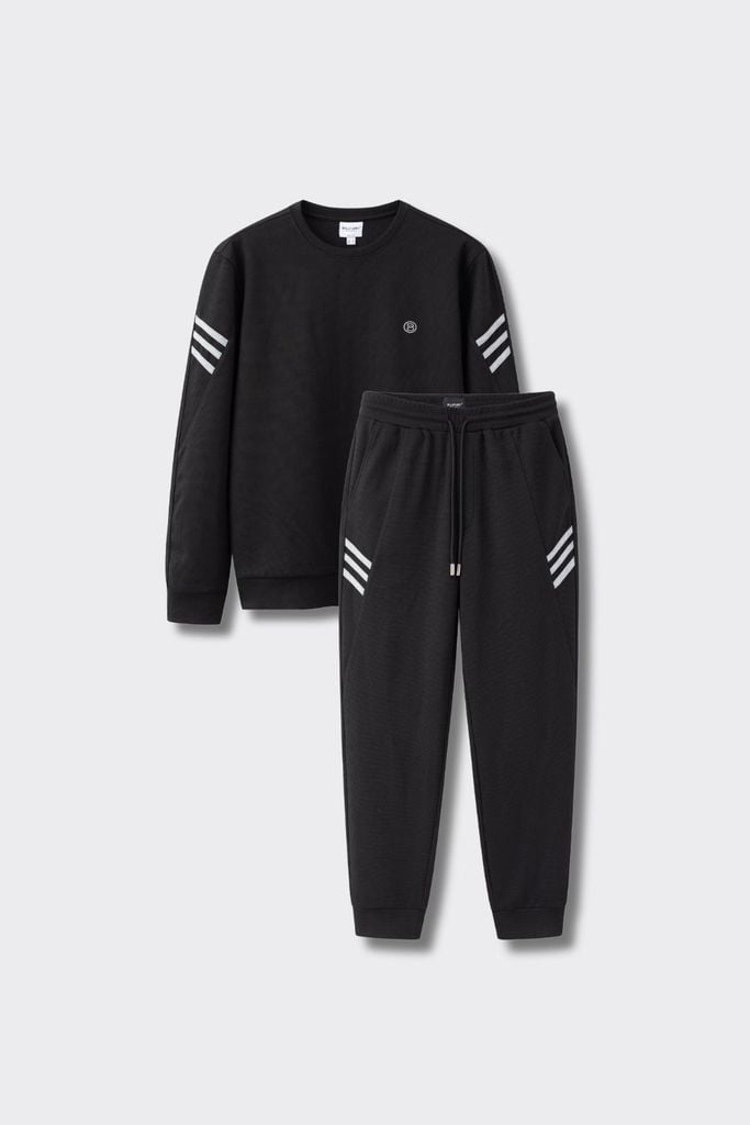  Bộ Nỉ Thể Thao Đen Cổ Tròn Thiết Kế Basic Co Giãn Tốt 8ANOT006DEN + 8QNIT006DEN 