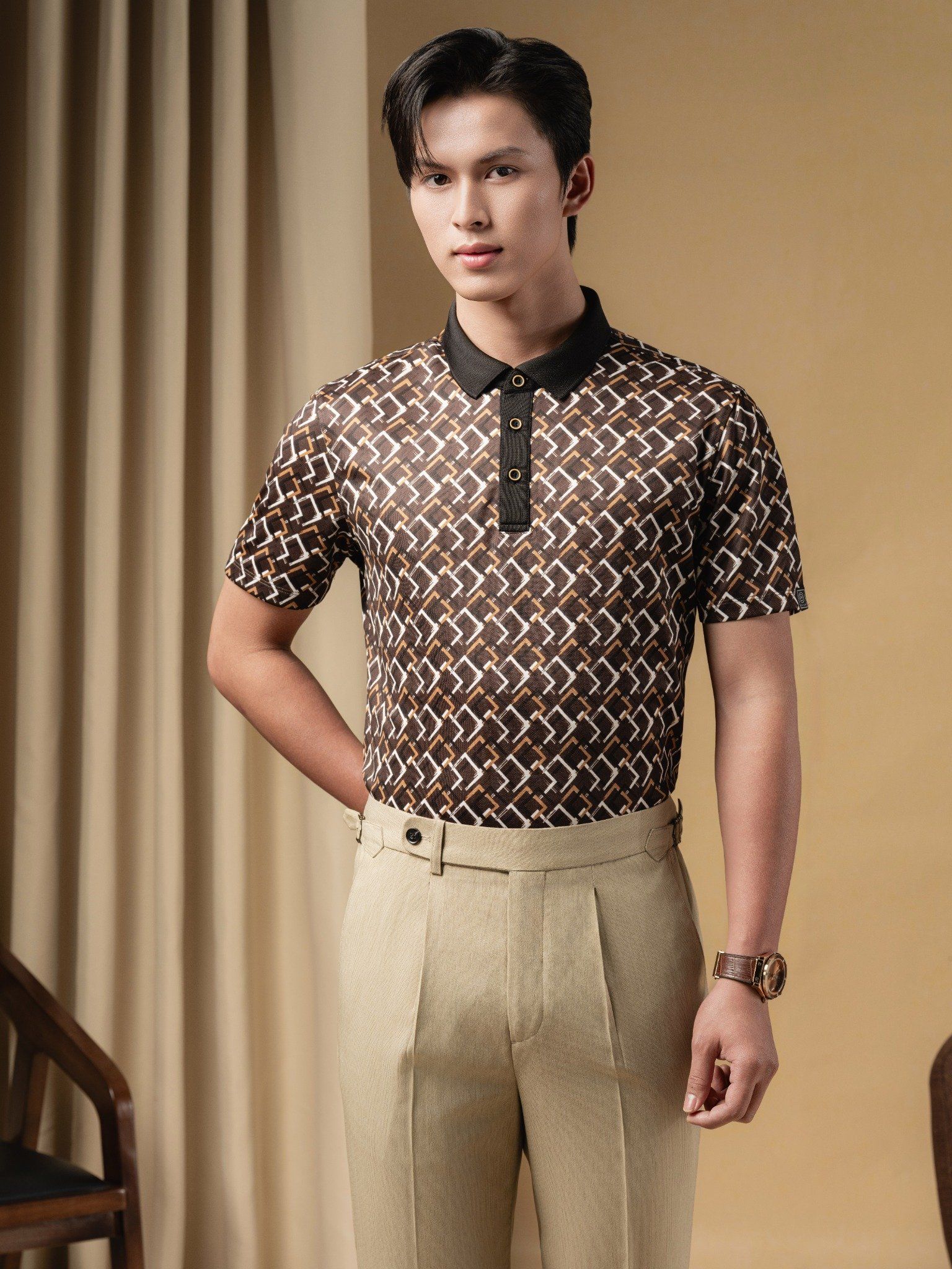  [SALE ĐỒNG GIÁ 199K] Áo Polo Nâu Phối Hoạ Tiết, Cao Cấp, Chống Nhăn, Bền Màu 8APCH425NDA 