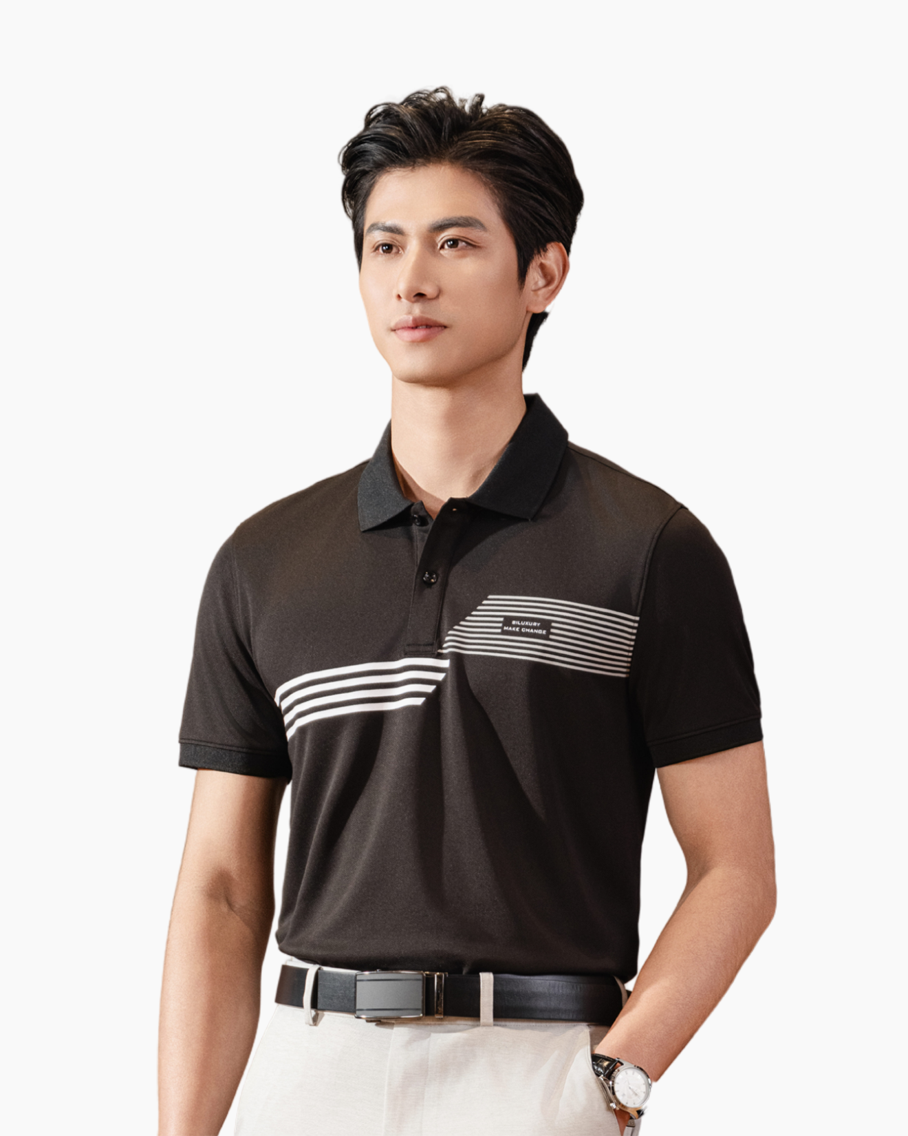  [SALE ĐỒNG GIÁ 199K] Áo Polo Đen Phối Sọc Kẻ, Kháng Khuẩn, Chống Nhăn, Bền Màu 8APCT498DEN 