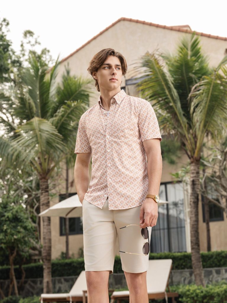  Áo Sơ Mi Cộc Tay Màu Cam, Hoạ Tiết Trendy, Kháng Khuẩn, Bền Màu 8SMCH425CAM 