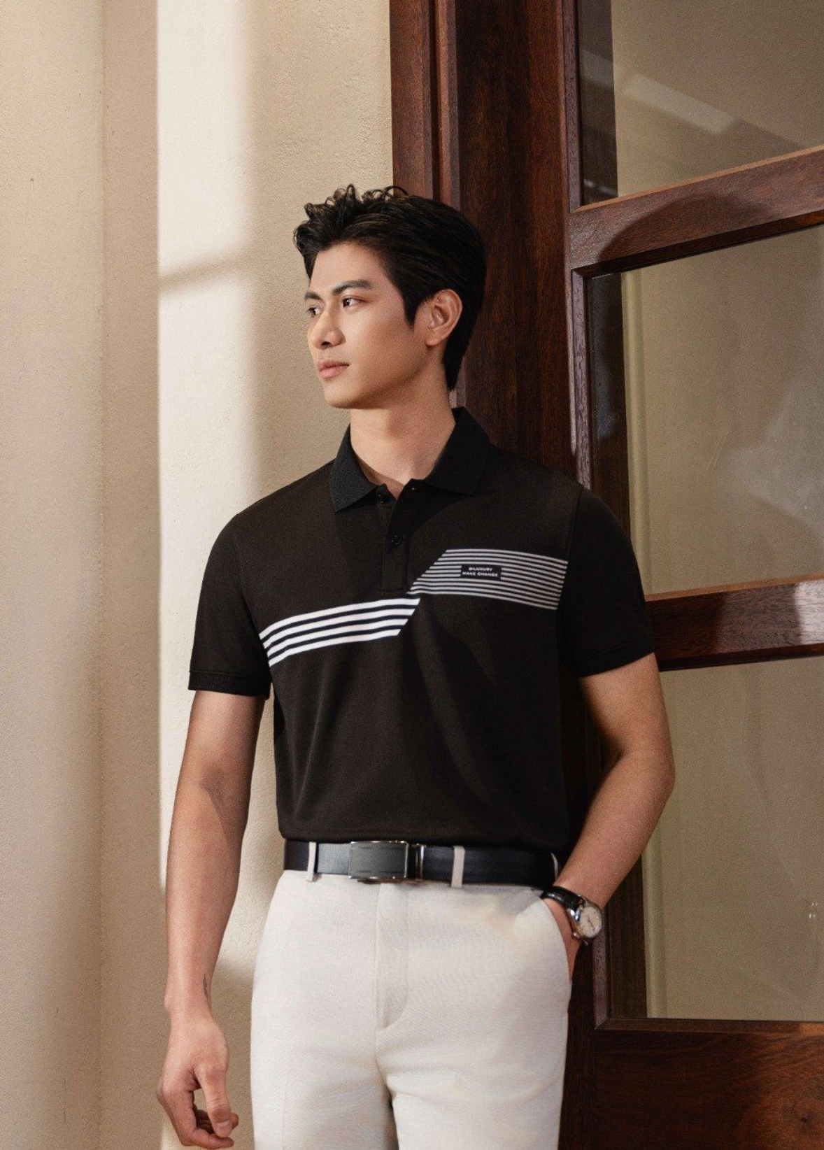  [SALE ĐỒNG GIÁ 199K] Áo Polo Đen Phối Sọc Kẻ, Kháng Khuẩn, Chống Nhăn, Bền Màu 8APCT498DEN 