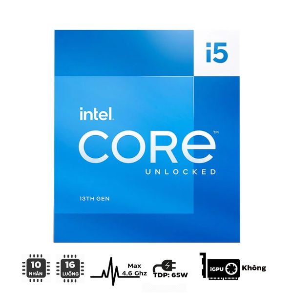 CPU Intel Core i5 13400F Tray New Không Fan (Up To 4.60GHz, 10 Nhân 16 Luồng, 20MB Cache, Raptor Lake)