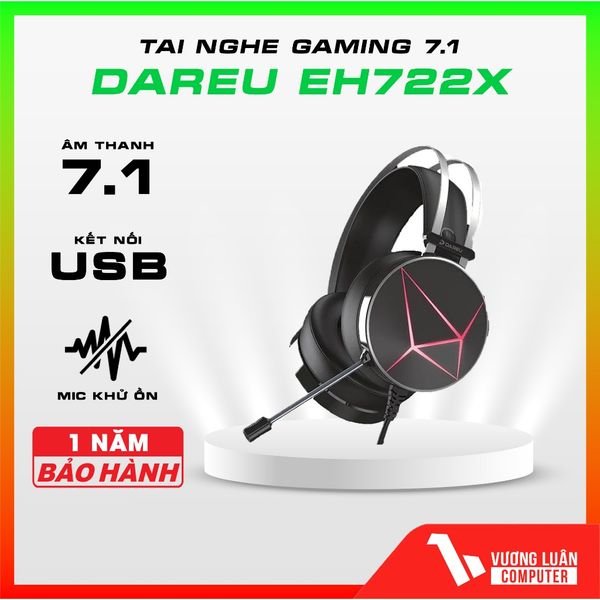 Tai Nghe Chơi Game Chụp Tai Có Dây Dareu EH722x Black Chính hãng Bảo hành 12 tháng