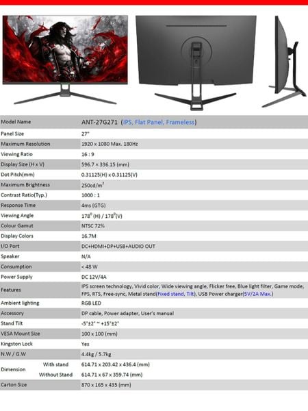 Màn hình gaming ANTTEQ ANT-27G271 (27inch - FHD - IPS - 180Hz)