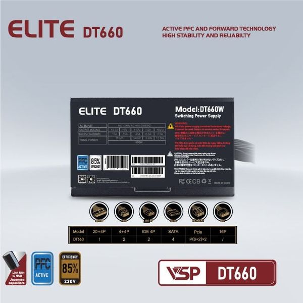 BỘ NGUỒN MÁY TÍNH VSP ELITE DT660 - 650W - Hiệu suất 85%