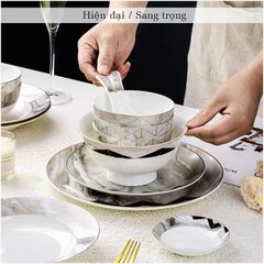 Bộ Bát Đĩa Sứ Xương - Bộ Vân Đá Cẩm Thạch GS74 - Nét Sang Trọng Đẳng Cấp