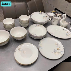 Bộ Bát Đĩa Sứ Xương Họa Tiết Hoa Ngọc Lan GS18 – Thanh Lịch & Sang Trọng