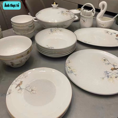 Bộ Bát Đĩa Sứ Xương Họa Tiết Hoa Ngọc Lan GS18 – Thanh Lịch & Sang Trọng