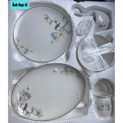Bộ Bát Đĩa Sứ Xương Họa Tiết Hoa Ngọc Lan GS18 – Thanh Lịch & Sang Trọng
