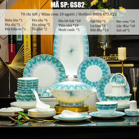 Bộ Bát Đĩa Sứ Xương - Bộ Đại Dương Xanh GS82