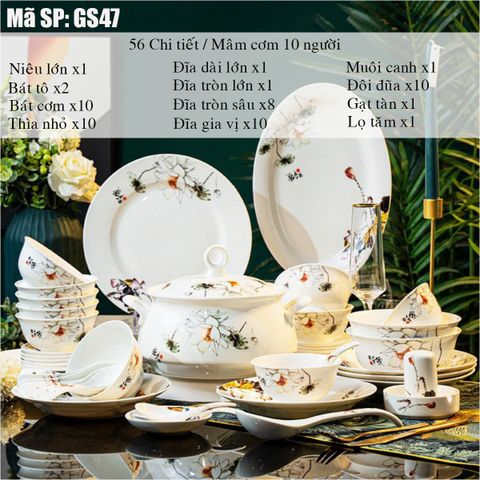 BỘ BÁT ĐĨA SỨ XƯƠNG HỌA TIẾT HOA SEN TRẮNG GS47