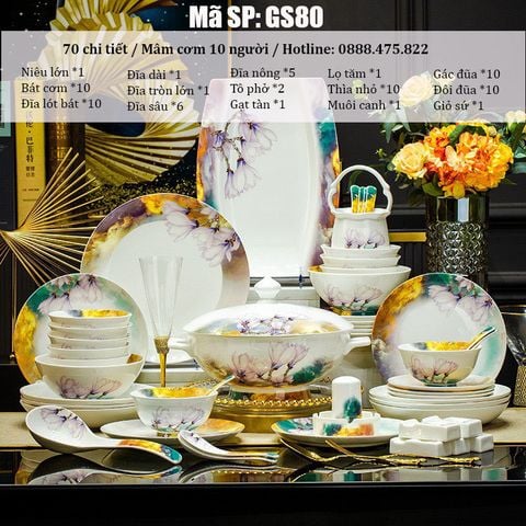 Bộ Bát Đĩa Sứ Xương - Bộ Hoa Mộc Lan GS80