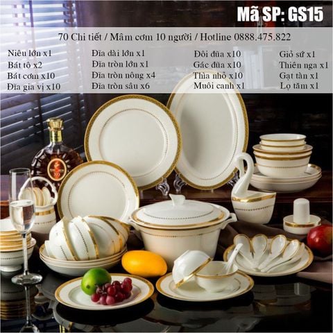 Bộ Bát Đĩa Sứ Xương - Bộ Viền Vàng Luxyry GS15