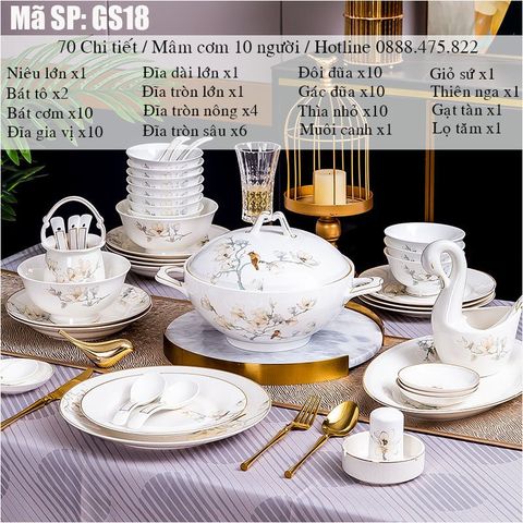 Bộ Bát Đĩa Sứ Xương Họa Tiết Hoa Ngọc Lan GS18 – Thanh Lịch & Sang Trọng