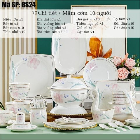 Bộ Bát Đĩa Sứ Xương - Bộ Hoa Tiên Tử GS24 - Vẻ Đẹp Thanh Tạo
