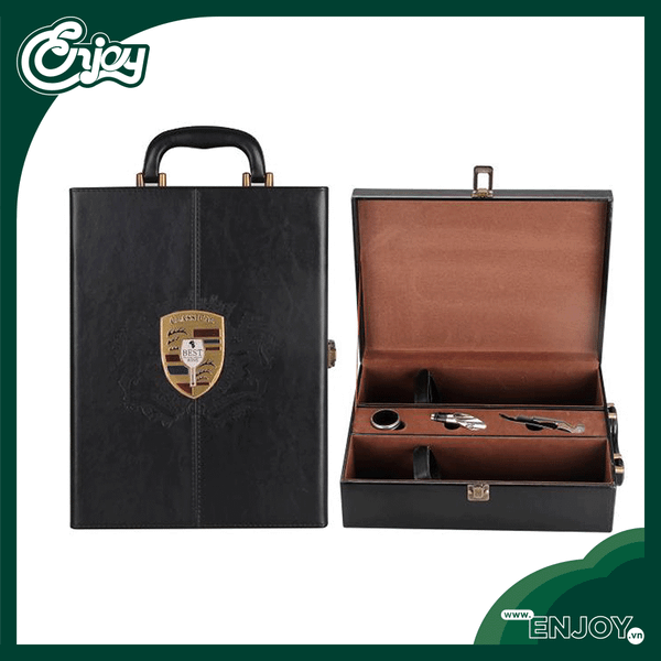 Hộp Rượu Vang Hoàng Gia Đôi Lớn - Mẫu Classical Da Đen