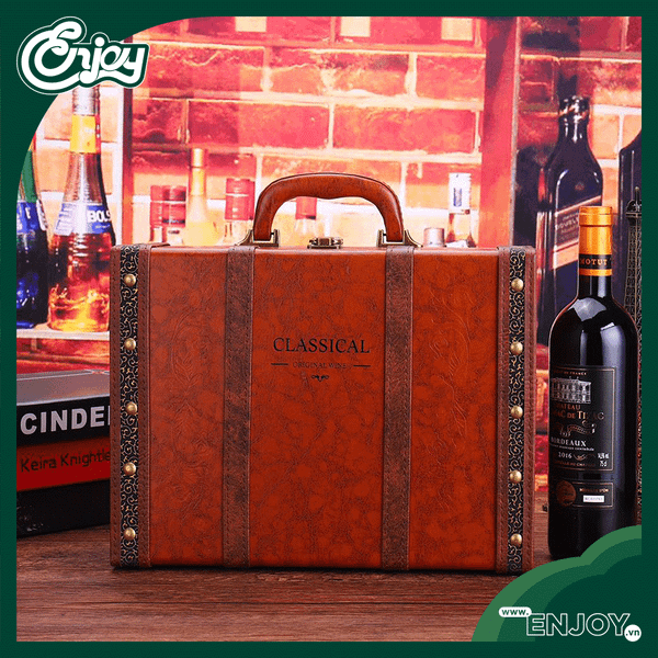 Hộp Rượu Vang Hoàng Gia Đôi Lớn - Mẫu Hộp Ngang Có Đai Chất Liệu Da Nâu Đinh