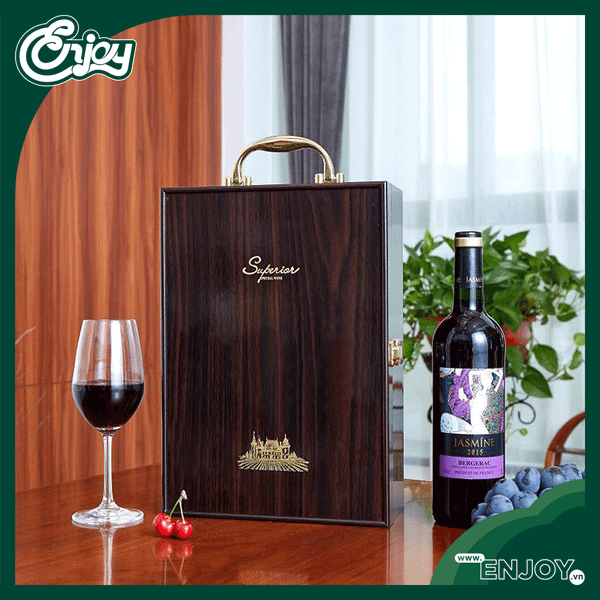 Hộp Rượu Vang Hoàng Gia Đôi Lớn - Mẫu Hộp Vân Gỗ Bóng Piano Nâu Tối