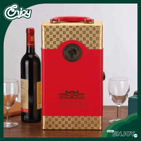 Hộp Rượu Vang Hoàng Gia Đôi Nhỏ - Mẫu Hộp Da Đỏ & Vàng