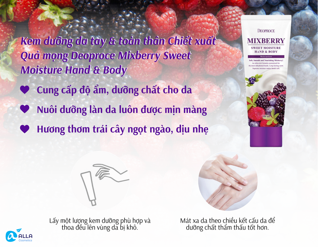 [KEM DƯỠNG TOÀN THÂN] Chiết Xuất Quả Việt Quất & Mâm Xôi Deoproce Mixberry Sweet Moisture Hand & Body 100ml