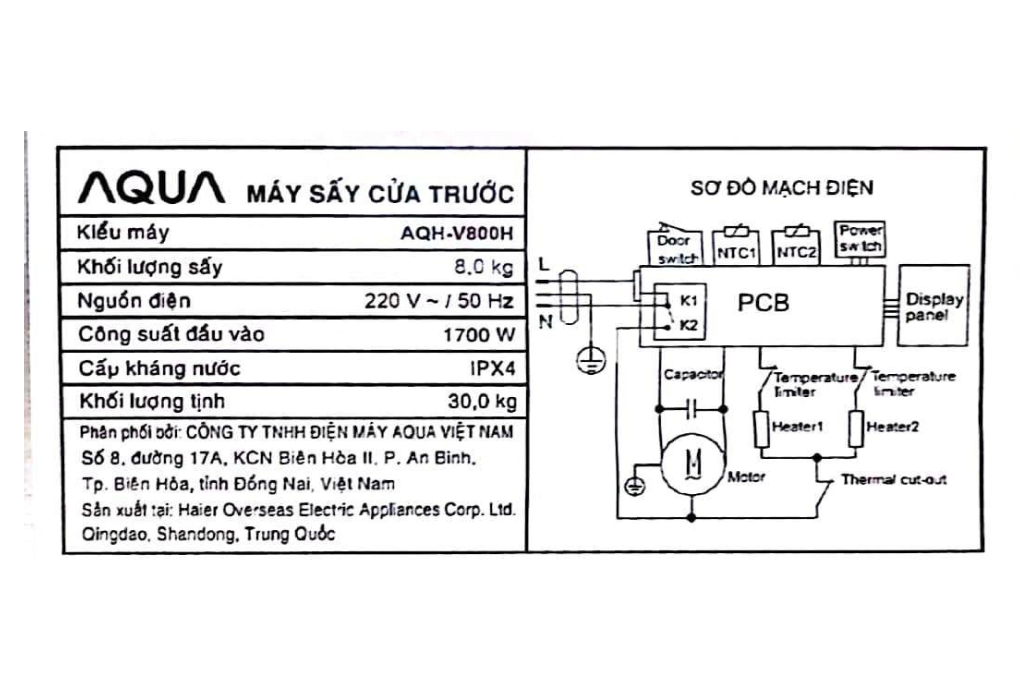 Máy sấy  thông hơi 8 kg AQH-V800H SS  Aqua