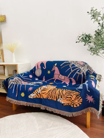  Thảm len dệt họa tiết rạp xiếc 2 mặt màu xanh và nâu - Thảm Vintage . 