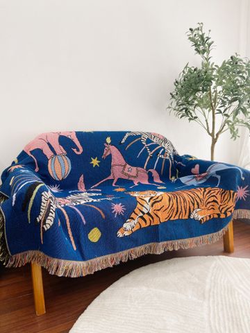  Thảm len dệt họa tiết rạp xiếc 2 mặt màu xanh và nâu - Thảm Vintage . 