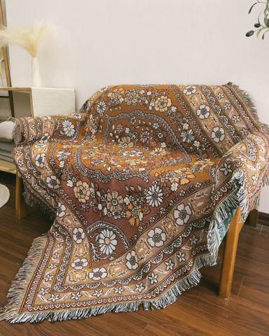  Thảm dệt len họa tiết hoa màu nâu - Thảm Vintage. 