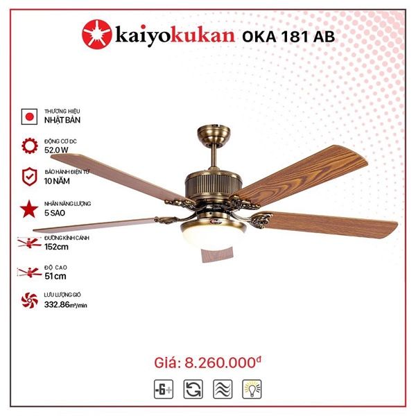 Quạt trần đèn Nhật Bản Kaiyo Kukan 5 cánh D152cm 52W DC OKA 181 AB