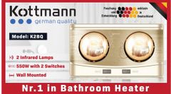 Đèn sưởi nhà tắm Kottmann treo tường 2 bóng vàng dùng công tắc K2BQ
