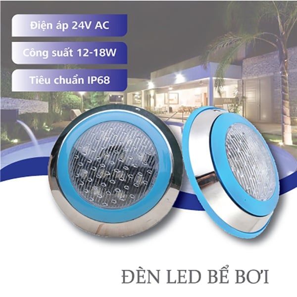 GS Đèn led âm nước bể bơi 18w điện áp 24v AC, ánh sáng RGB, IP68, kích thước D300, góc chiếu 24 độ GSBB18-RGB