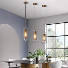 Đèn thả thủy tinh trụ tròn dài trong suốt D150*400 thân hợp kim mạ đồng vàng D450*150 E14 LVD TH435 VLTHTI-021
