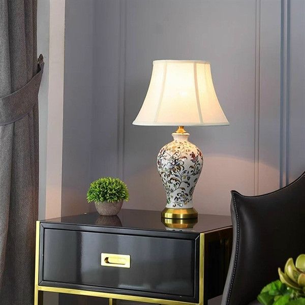 Đèn bàn thân gốm hoa chao vải, D33*H53cm đui 1E27 VLDBGM-148